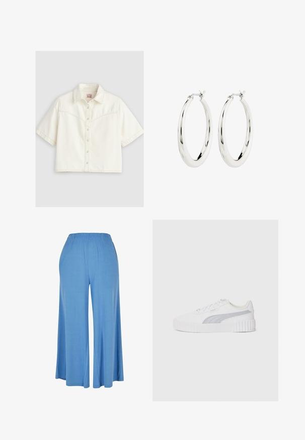 Lyhythihainen, off-white-värinen lyhyt napillinen paita, jossa on terävä kaulus ja näkyvät saumalinjat rinnassa ja hihoissa.; Vaaleansiniset leveät housut pehmeästä kankaasta, joissa on joustava vyötärö ja väljä istuvuus, joka ulottuu puoleen sääreen.; Valkoiset lenkkarit, joissa on teksturoitu kumipohja, harmaa aksentti, nauhakiinnitys ja sileä synteettinen pinta. Varustettu pehmustetulla kauluksella.; Hope hopea, joissa on sileä ja kiiltävä pinta. Pyöreä muoto, jossa on turvallinen suljin. Yksinkertainen ja elegantti muotoilu.