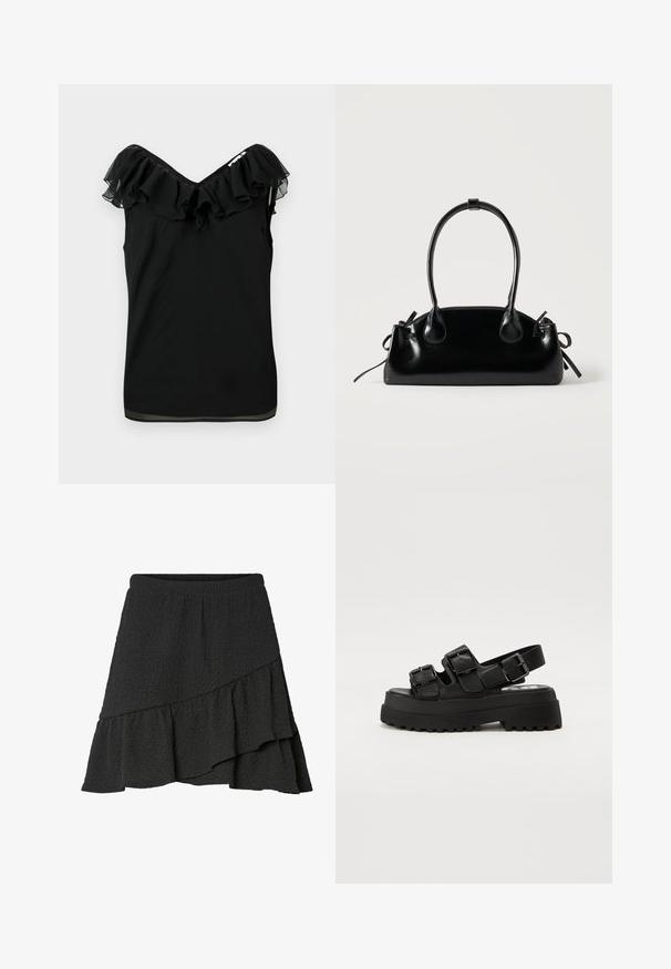 Schwarzes ärmelloses Damenshirt mit schulterfreiem Rüschenausschnitt und transparenten Stoffdetails an den Kanten auf weißem Hintergrund.; Schwarzer strukturierter Wickelrock mit asymmetrischem, gerafftem Saum und elastischem Bund.; Schwarze Plateausandalen mit drei verstellbaren Schnallenriemen, einer strukturierten Sohle und einem glatten Obermaterial. Entworfen mit einer robusten, klobigen Silhouette.; Kleine schwarze glänzende Handtasche mit zwei langen Griffen und seitlichen Kordelzug-Details vor einfachem hellem Hintergrund.