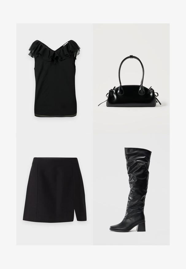Blusa sin mangas negra para mujer con escote off-shoulder y detalle de volantes en el cuello, con tejido transparente en los bordes, sobre un fondo blanco.; Mini falda negra hecha de una tela suave, con una cintura ajustada y una abertura frontal que añade un toque moderno a su diseño sencillo.; Botas negras hasta la rodilla hechas de cuero brillante con un diseño arrugado, puntera afilada y un tacón grueso. Textura suave con un brillo sutil.; Pequeño bolso negro brillante con dos asas largas y detalles de cordón lateral sobre un fondo claro liso.