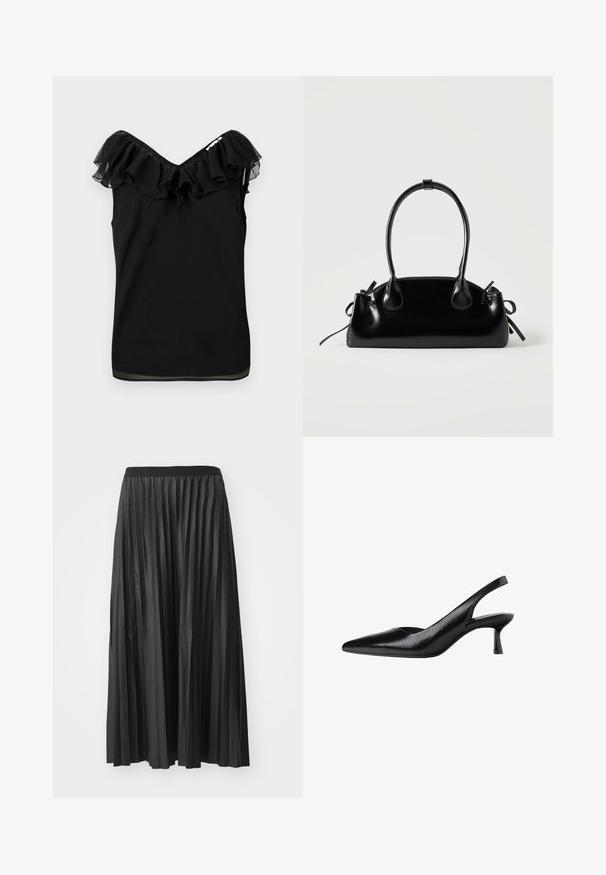 Sort ærmeløs bluse til kvinder med off-shoulder flæseudskæring og gennemsigtige stofdetaljer i kanten på en hvid baggrund.; Sort plisseret maxiskørt med en glat tekstur og elastisk talje, der har lodrette folder som skaber volumen og bevægelse.; Sorte slingback pumps med spids tå, lavet af tekstureret syntetisk materiale, med en slank hæl og et åbent sides_design.; Lille sort blank håndtaske med to lange håndtag og snøre-detaljer i siden på en ensfarvet lys baggrund.