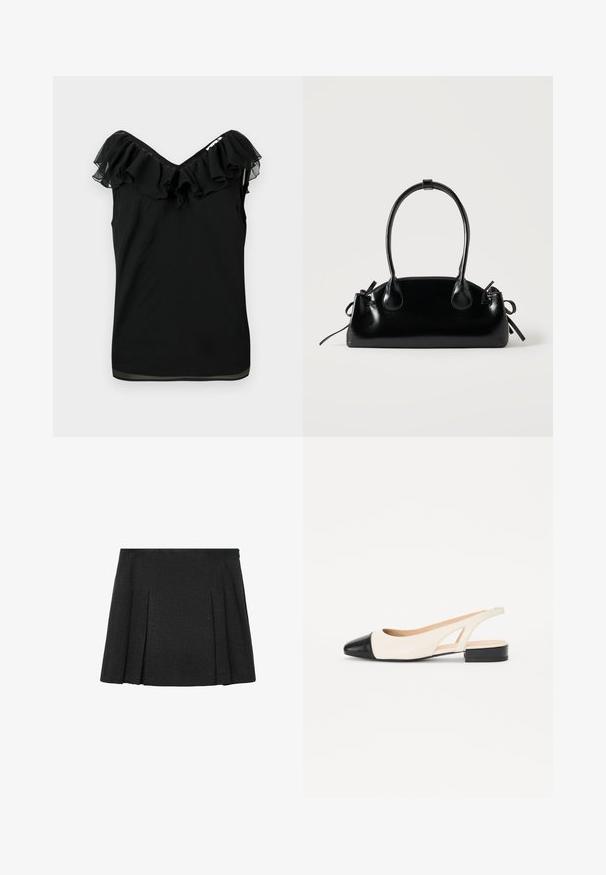 Zwarte mouwloze blouse voor dames met een off-shoulder volant halslijn en een transparante stofafwerking aan de randen, tegen een witte achtergrond.; Zwarte geplooide mini-rok met een gladde textuur, voorzien van een tailleband en gelijkmatig verspreide plooien die een vloeiende silhouet creëren.; Slingback schoen met een crèmekleurige bovenkant en een zwarte glanzende neus. Voorzien van een lage blokhak en uitsnijdingen aan de zijkanten.; Kleine zwarte glanzende handtas met twee lange hengsels en zijkant trekkoord details op een effen lichte achtergrond.