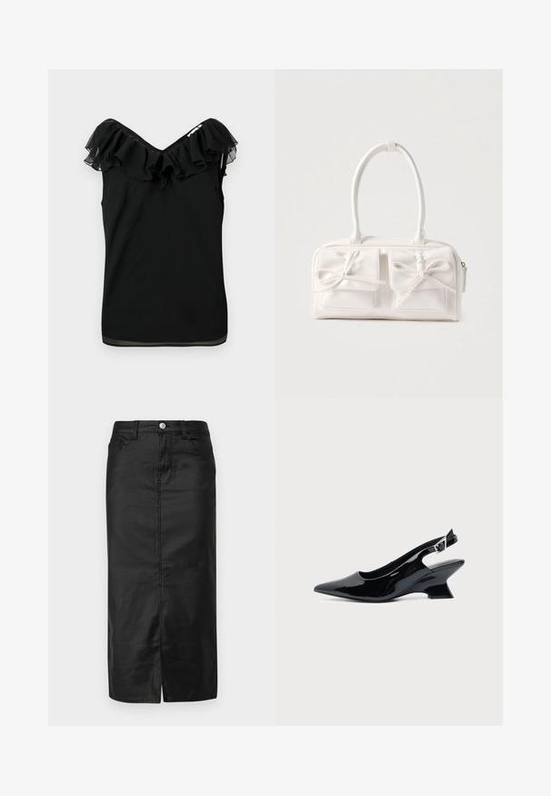 Blouse noire sans manches pour femmes avec encolure à volants décolletée et détails en tissu transparent sur les bords, sur fond blanc.; Jupe midi en denim noir avec fente avant, design à cinq poches et fermeture à bouton en métal. Texture lisse et forme classique droite.; Chaussure slingback en cuir verni noir avec bout pointu et petit talon bloc incliné sur fond clair uni.; Sac à main synthétique blanc avec deux poches avant, chacune ornée d'un nœud noué. Texture lisse, anses arrondies et fermeture zippée.