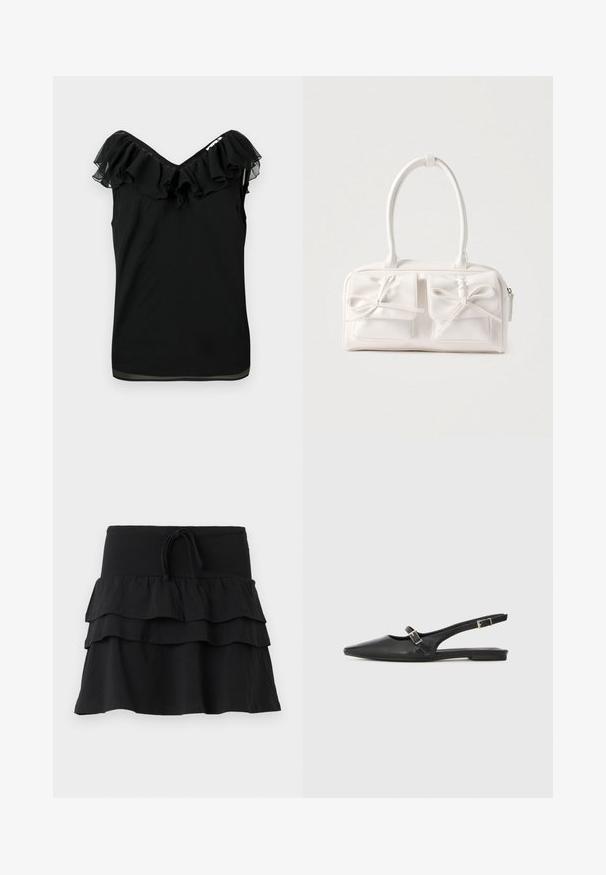 Blusa sin mangas negra para mujer con escote off-shoulder y detalle de volantes en el cuello, con tejido transparente en los bordes, sobre un fondo blanco.; Falda negra con un diseño en capas, que cuenta con dos capas de volantes y una cintura elástica con cordón. Fabricada con una tela suave para mayor comodidad.; Zapatos slingback de cuero negro con punta afilada, que cuentan con una correa estrecha y un detalle de hebilla plateada en el lateral. Suela plana.; Bolso sintético blanco con dos bolsillos delanteros, cada uno con un detalle de lazo atado. Textura suave, asas redondeadas y cierre de cremallera.