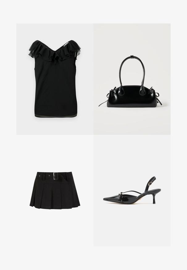 Sort ærmeløs bluse til kvinder med off-shoulder flæseudskæring og gennemsigtige stofdetaljer i kanten på en hvid baggrund.; Sort plisseret nederdel med et bælte. Fremstillet af et glat stof, med en sølv spænde, og en struktureret talje for ekstra stil.; ALDO MARIETTA PILLOW WALK - Pumps - black; Lille sort blank håndtaske med to lange håndtag og snøre-detaljer i siden på en ensfarvet lys baggrund.