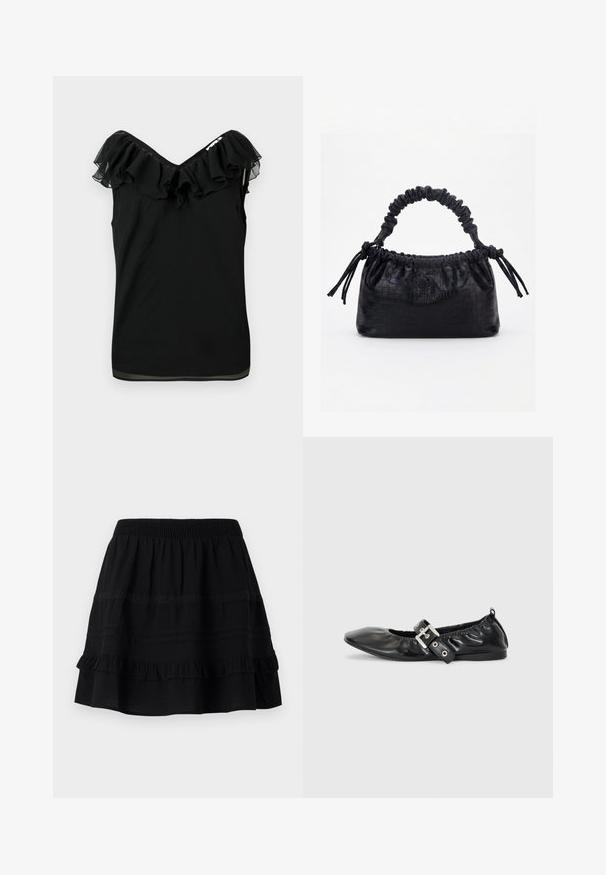 Sort ærmeløs bluse til kvinder med off-shoulder flæseudskæring og gennemsigtige stofdetaljer i kanten på en hvid baggrund.; Sort bomuldsnederdel med et lagdelt flæse-design, der har en elastisk talje og dekorationer med kontraststing og blondebånd.; Sorte læder flade sko med spids tå, samling detaljer omkring åbningen, og en sølv spænde accent på den justerbare rem.; Sort taske med krokodilletekstur, rynket øverste kant, samlet hank og snore med kvaster på hver side mod en hvid baggrund.