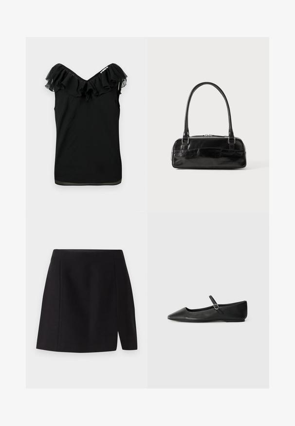 Čierny bezrukávový blúzku pre ženy s off-shoulder volánovým výstrihom a priesvitnými detailmi na okrajoch na bielom pozadí.; Čierna mini sukňa vyrobená z hladkej látky, s priliehavým pásom a predným rozparkom, ktorý dodáva moderný nádych jej jednoduchému dizajnu.; Čierne kožené baletky s špicatou špičkou, plochou podrážkou a malým prackovým popruhom cez členok pre bezpečné upevnenie.; Čierna kožená kabelka obdĺžnikového tvaru, vybavená jednou pevnou rukoväťou, strieborným kováním a zipsom. Hladký povrch.