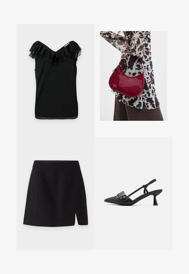 Sort ærmeløs bluse til kvinder med off-shoulder flæseudskæring og gennemsigtige stofdetaljer i kanten på en hvid baggrund.; Sort mini nederdel lavet af glat stof, med en tætsiddende talje og en frontslids, der tilføjer et moderne præg til det enkle design.; Simmi London DALA - Pumps - black; Kvinde iført en sort- og hvidmønstret bluse, der holder en blank rød skuldertaske mod en ensfarvet baggrund.