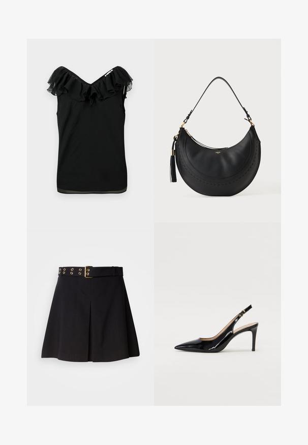 Zwarte mouwloze blouse voor dames met een off-shoulder volant halslijn en een transparante stofafwerking aan de randen, tegen een witte achtergrond.; Zwarte geplisseerde rok met een brede riem met gouden metalen hardware en oogjes, gemaakt van soepel materiaal, ontworpen voor een getailleerde pasvorm.; Zwarte gepatineerde leren slingback pump met een puntige neus, slanke hak en een subtiel uitgesneden ontwerp. Bevat een gouden gesp op de band.; Zwarte leren handtas in halve maantjesvorm met een enkele schouderriem, gouden ritssluiting, kwast-detail en subtiel gestikt ontwerp.