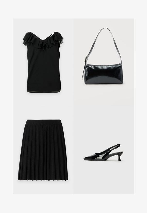 Sort ærmeløs bluse til kvinder med off-shoulder flæseudskæring og gennemsigtige stofdetaljer i kanten på en hvid baggrund.; Vero Moda Knitted VMMARINA Short - Mini skirts - black; Sorte patenterede slingback-sko med spidse tæer og lav blokhæl. Justerbar spænde-rem ved anklen.; Sort rektangulær skuldertaske med en enkelt justerbar rem og lynlås i toppen på en ensfarvet baggrund.