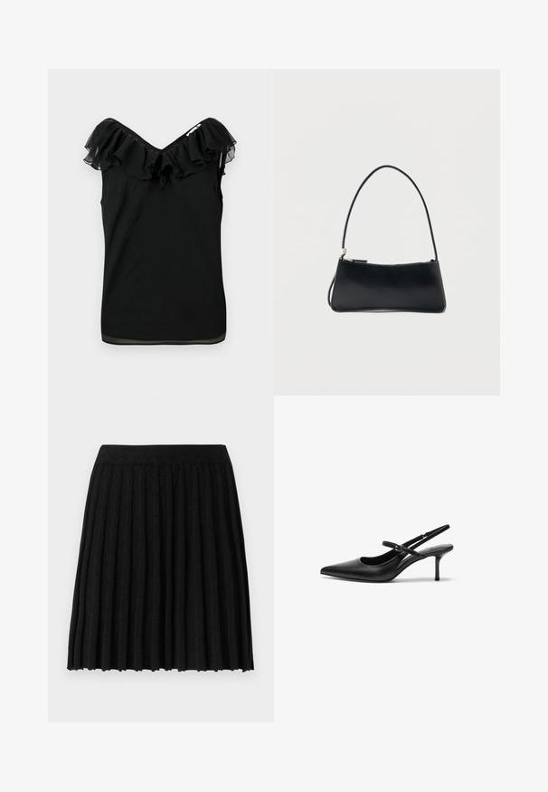 Zwarte mouwloze blouse voor dames met een off-shoulder volant halslijn en een transparante stofafwerking aan de randen, tegen een witte achtergrond.; Vero Moda Knitted VMMARINA Short - Minirok - black; Zwarte leren slingback hakken met een puntige neus, slanke verstelbare band en een ongeveer 5 cm hoge stiletto hak, met een gladde textuur.; Zwart rechthoekig handtasje met een dunne band en ritssluiting, afgebeeld tegen een effen witte achtergrond.