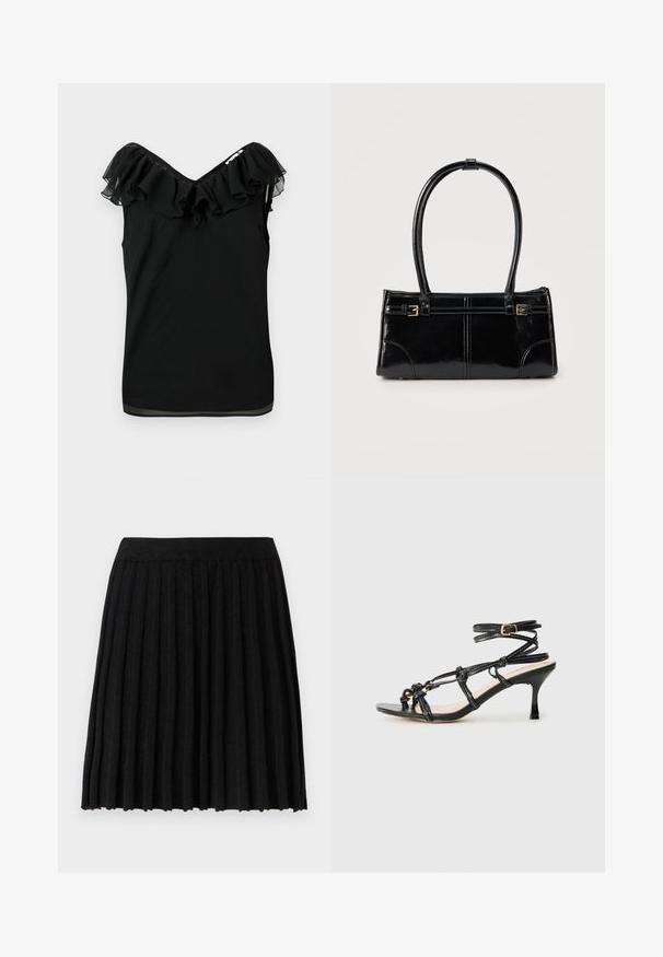 Zwarte mouwloze blouse voor dames met een off-shoulder volant halslijn en een transparante stofafwerking aan de randen, tegen een witte achtergrond.; Vero Moda Knitted VMMARINA Short - Minirok - black; Zwarte patenteren leren hoge hak sandaal met een strappy ontwerp, verstelbare enkelband en knoopdetails. Glad oppervlak, puntige neus.; Glanzend zwart rechthoekig handtasje met twee dunne schouderbanden en kleine gouden gespsdetails aan de voorkant.