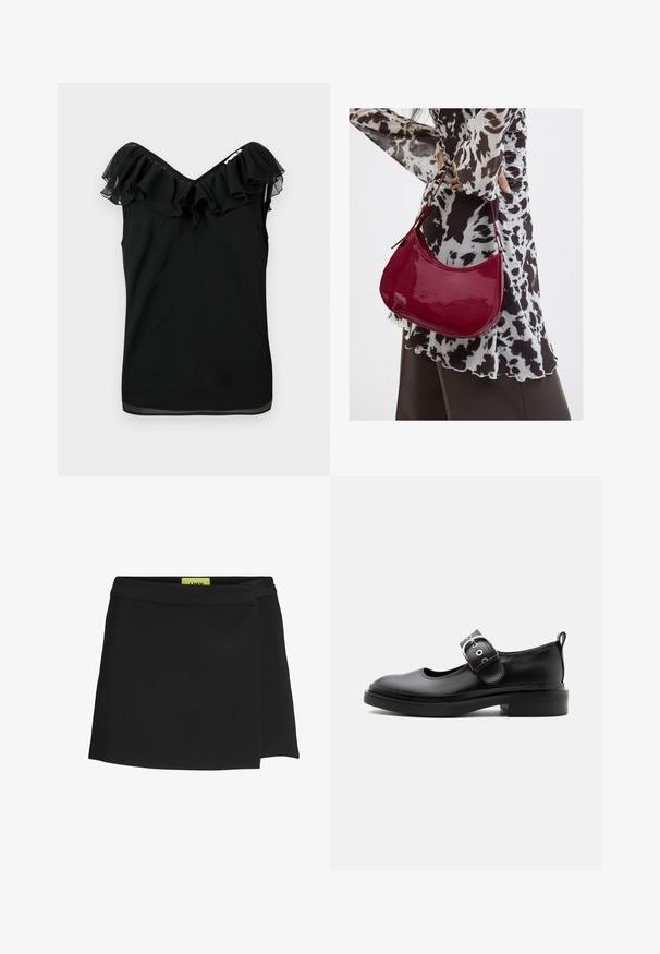Blouse noire sans manches pour femmes avec encolure à volants décolletée et détails en tissu transparent sur les bords, sur fond blanc.; Jupe portefeuille noire en tissu lisse, présentant une taille haute et une fente sur le côté. L'étiquette est visible dans une couleur jaune vif contrastante.; Chaussure Mary Jane en cuir noir avec une semelle épaisse, un bout arrondi, une bride à boucle argentée et un languette à l’arrière.; Femme portant un chemisier à motif noir et blanc tenant un sac à main rouge brillant sur un fond uni.