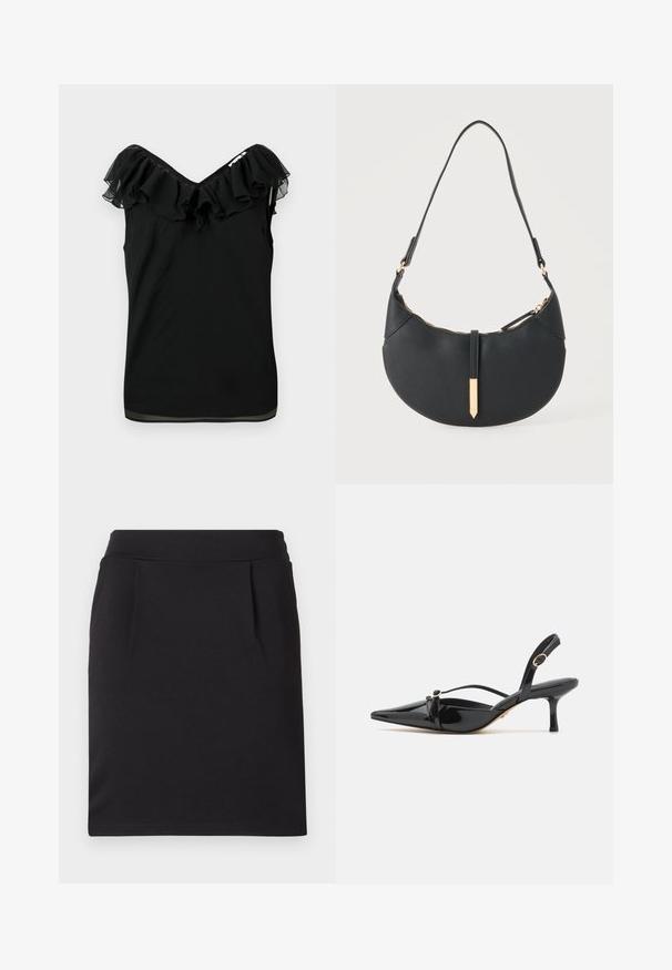 Blusa sin mangas negra para mujer con escote off-shoulder y detalle de volantes en el cuello, con tejido transparente en los bordes, sobre un fondo blanco.; Falda lápiz negra hasta la rodilla con una cinturilla amplia y sutiles pinzas frontales, hecha de tela suave.; ALDO MARIETTA PILLOW WALK - Tacones - black; Bolso negro en forma de media luna con una sola correa, cremallera dorada y una lengüeta decorativa rectangular dorada en la parte delantera.