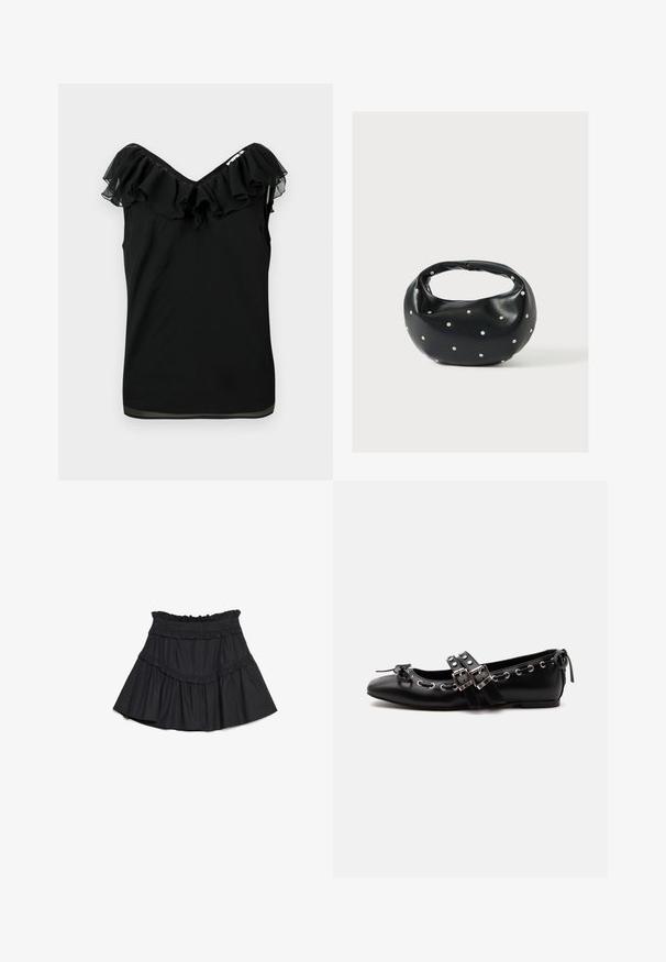 Schwarzes ärmelloses Damenshirt mit schulterfreiem Rüschenausschnitt und transparenten Stoffdetails an den Kanten auf weißem Hintergrund.; Schwarzer, taillierter Minirock aus weichem Stoff mit Rüschendetails entlang der Taille und des Saums, mit einem ausgestellten Design und elastischem Bund.; Schwarzer flacher Ballettschuh mit doppelten Schnallenriemen, silbernen Ösen und einer kleinen Schleife nahe der abgerundeten Spitze auf weißem Hintergrund.; Schwarze Lederhandtasche mit abgerundeter Form, verziert mit silbernen Nietenakzenten und kurzem Griff. Glatte Struktur und Reißverschlussverschluss.