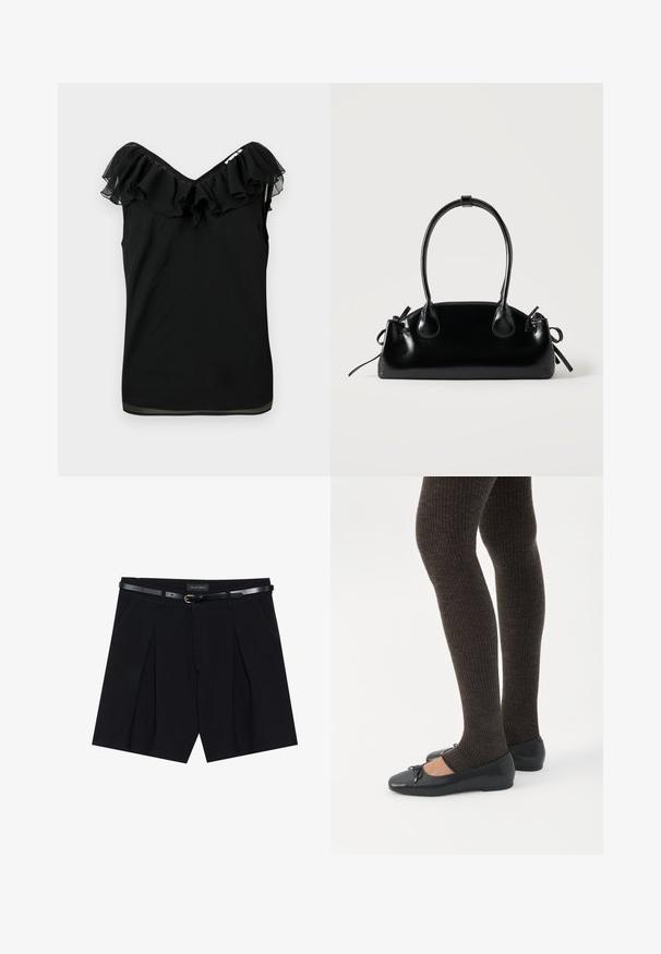 Sort ærmeløs bluse til kvinder med off-shoulder flæseudskæring og gennemsigtige stofdetaljer i kanten på en hvid baggrund.; Sorte skræddersyede shorts med folder, udstyret med et slankt sort bælte med en gylden spænde. Fremstillet af et glat stof, der giver et poleret udseende.; Ben iført mørke ribbede leggings kombineret med sorte balletsko med små sløjfedetaljer på hvid baggrund.; Lille sort blank håndtaske med to lange håndtag og snøre-detaljer i siden på en ensfarvet lys baggrund.