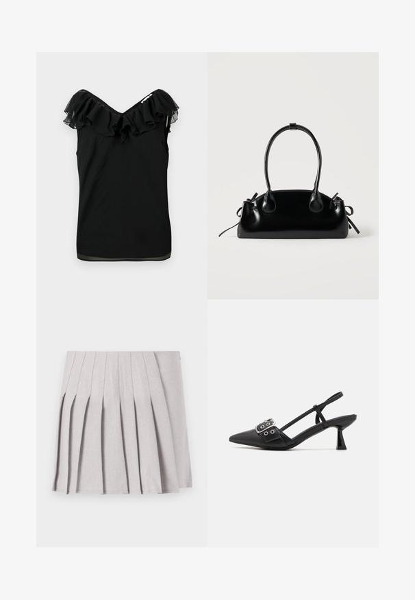 Blusa sin mangas negra para mujer con escote off-shoulder y detalle de volantes en el cuello, con tejido transparente en los bordes, sobre un fondo blanco.; Falda gris con pliegues y una textura suave, que presenta múltiples pliegues verticales y una cintura ajustada. Fabricada con un tejido ligero.; Simmi London DALA - Tacones - black; Pequeño bolso negro brillante con dos asas largas y detalles de cordón lateral sobre un fondo claro liso.