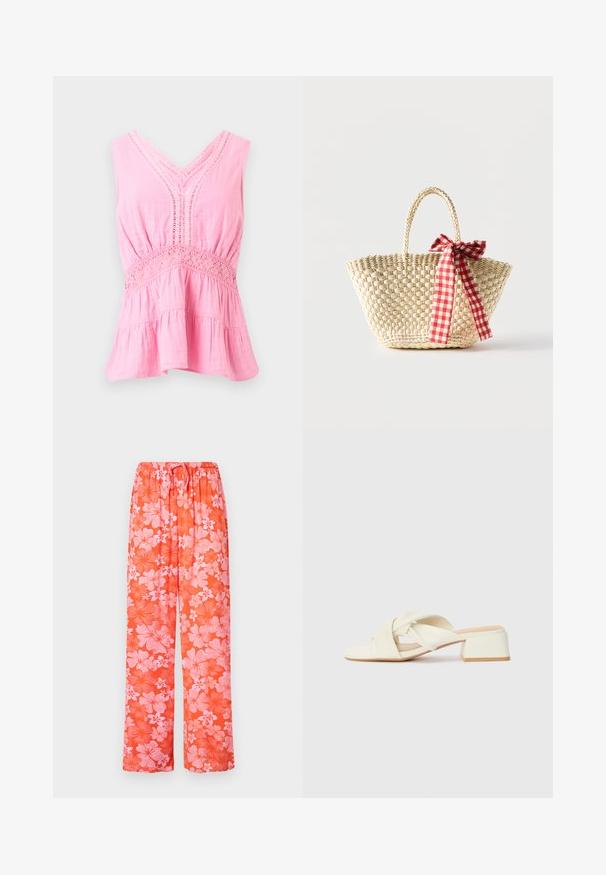 Ærmeløs rosa bluse med V-hals, blonde detaljer langs udskæring og talje, indsamlet stof og en udvidet, lagdelt kant.; Løse orange bukser med stort blomstermønster i pink og rød samt elastisk talje med snøre.; Cremefarvede blokhælede sandaler med snoede stropper og en flad tåbund. Glat syntetisk materiale med en mat finish.; Flettet stråtaske med fletninger til håndtagene og et rødt og hvidternet bånd bundet som en sløjfe på den ene side.