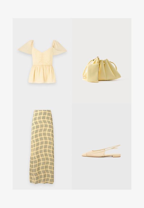 Top peplum de manga abullonada en suave algodón amarillo con un cuerpo fruncido y un dobladillo acampanado, con sutiles manchas a lo largo de la tela.; Rabanne Falda larga - green/yellow/cream; Zapato plano tipo slingback en beige claro con parte superior de malla, punta afilada y tacón bajo. Cuenta con una correa ajustable para un mejor ajuste.; Bolso de mano amarillo suave con cordón, con una pequeña bolsa con cremallera a juego adjunta, sobre un fondo blanco liso.