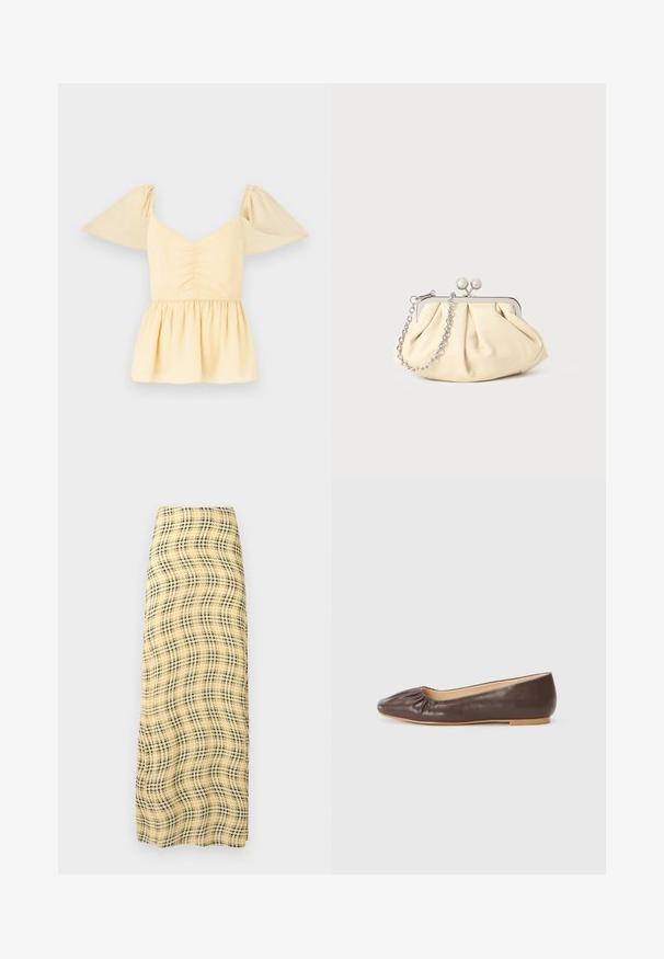 Peplum-topp, mille varrukatega, pehmes kollases puuvillas, kokkugatheritud kehaosaga ja laieneva äärisega, millel on õrnalt laiguline muster kangal.; Rabanne Maksiseelik - green/yellow/cream; Pruun nahast baleriin, millel on ümar varvas, ees kogutud dekoratsioon ja lame, heledavärviline tall.; Kortsus beežist nahast kotike, millel on hõbedane metallraam, kaunistatud kahe ümmarguse dekoratiivse lukuga ja hõbedase ketispideme.