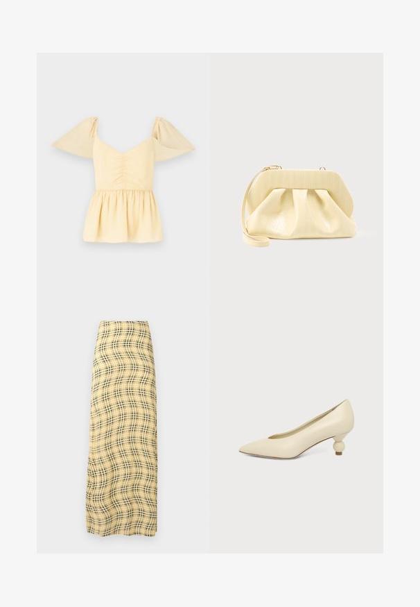 Haut peplum à manches bouffantes en coton jaune doux avec un buste froncé et un ourlet évasé, présentant des speckles subtiles sur tout le tissu.; Rabanne Jupe longue - green/yellow/cream; Chaussure femme couleur crème à bout pointu avec un petit talon rond en forme de boule, sur fond uni.; Pochette en cuir couleur crème avec un cadre supérieur structuré et une lanière pour poignet, présentée sur un fond clair uni.