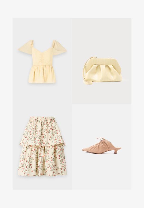 Pufærmet peplumtop i blød gul bomuld med en samlet bodice og en udflydende kant, der har subtile prikker i hele stoffet.; Cremefarvet lagdelt nederdel med et blomsterdesign af røde jordbær og grønne vinstokke. Elastisk talje for komfort og pasform.; Beige dames mule i læder med spids tå, rynket overdel, snøre og lav kittenhæl på hvid baggrund.; Clutch-taske i cremefarvet læder med en struktureret topramme og håndledsrem, vist mod en enkel lys baggrund.
