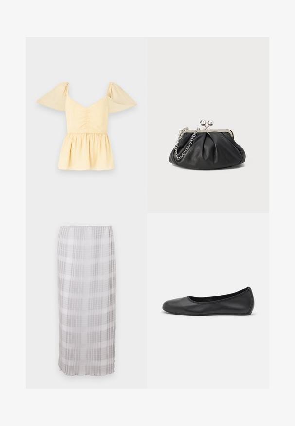 Haut peplum à manches bouffantes en coton jaune doux avec un buste froncé et un ourlet évasé, présentant des speckles subtiles sur tout le tissu.; Jupe longue et transparente en blanc avec un motif à carreaux gris. Tissu doux et léger avec une taille élastique, se terminant à la longueur de la cheville.; Ballerines en cuir noir avec un bout rond, texture lisse, détails de couture minimalistes et design de semelle flexible.; Porte-monnaie en cuir noir avec texture froncée, cadre en métal argenté, fermeture à verrouillage kiss-lock et bandoulière en chaîne. Surface lisse et douce.