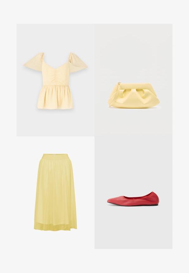 Top peplum de manga abullonada en suave algodón amarillo con un cuerpo fruncido y un dobladillo acampanado, con sutiles manchas a lo largo de la tela.; Falda midi amarilla con pliegues, con una textura suave y brillante y una cinturilla elástica, diseñada para la comodidad y la facilidad de movimiento.; Filippa K REY FLATS - Bailarinas - bright red; Bolso de mano de cuero amarillo suave con detalles fruncidos y una correa delgada para la muñeca sobre un fondo claro liso.
