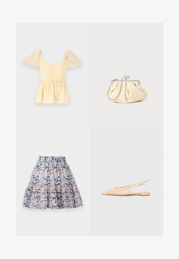 Top peplum de manga abullonada en suave algodón amarillo con un cuerpo fruncido y un dobladillo acampanado, con sutiles manchas a lo largo de la tela.; Falda de estampado floral en azul claro, con flores en tonos rosa y marino. Diseño en capas con una cinturilla elástica y tela suave y texturizada.; Zapato plano tipo slingback en beige claro con parte superior de malla, punta afilada y tacón bajo. Cuenta con una correa ajustable para un mejor ajuste.; Clutch de cuero beige plisado con un marco de metal plateado, que cuenta con dos broches decorativos redondos y una correa de cadena plateada.