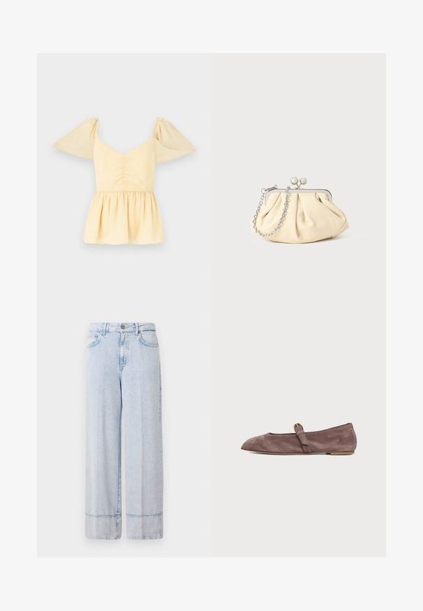 Pufærmet peplumtop i blød gul bomuld med en samlet bodice og en udflydende kant, der har subtile prikker i hele stoffet.; Lysblå denim bredbenede bukser med høj talje. Har en knap- og lynlåslukning, forlommer og en rå kantdetalje.; Brun ruskinds-Mary Jane-sko med flad hæl, spids tå og en lille guldbøjle på hvid baggrund.; Plisseret beige læderclutch med en sølvmetalramme, der har to runde dekorative låse og en sølvkædetrasporte.