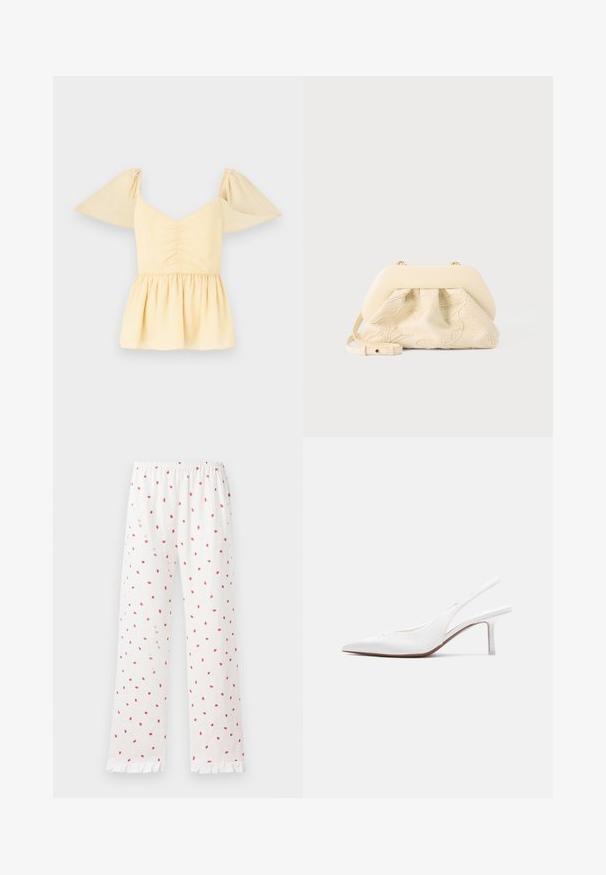 Pufærmet peplumtop i blød gul bomuld med en samlet bodice og en udflydende kant, der har subtile prikker i hele stoffet.; Hvide pyjamasbukser med små røde jordbærprint, elastisk talje og flæsekant. Materialet virker blødt og let.; Hvid læder slingback damesko med spids tå, lav kittenhæl og lille dekorativ sløjfe på toppen, vist i sideprofil.; Håndtaske i kremfarvet stof med blomsterbroderi, blød afrundet topramme og justerbar rem, lagt foran på en lysegrå baggrund.