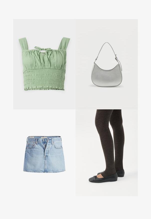 Lysegrøn crop top med smock-effekt, brede stropper og en knyttet halsudskæring. Har sammensamlet stof for en afslappet pasform.; Lysblå denimnederdel med et tætsiddende talje, fem-pockets design, frontknaplukning og subtile falmede områder i stoffet.; Ben iført mørke ribbede leggings kombineret med sorte balletsko med små sløjfedetaljer på hvid baggrund.; Sølv faux læder håndtaske med en buet form, kort justerbar strop og glat overflade, præget af minimal syning.