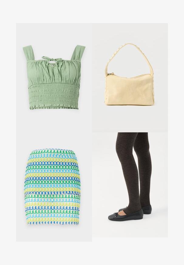 Haut court vert clair avec une texture froncée, bretelles larges et un col noué. Présente un tissu froncé pour un ajustement décontracté.; Mini-jupe en textile avec des rayures horizontales bleues, vertes et jaunes. Le design présente une apparence tissée et texturée avec un effet superposé.; Jambes portant des leggings côtelés foncés associés à des ballerines noires avec de petits détails en nœud sur fond blanc.; Petit sac à main en cuir beige avec une seule bandoulière et des clous argentés le long des bords et de la bandoulière, posé sur un fond uni.
