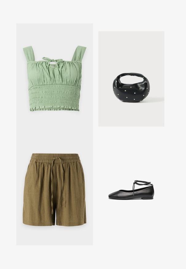 Ανοιχτό πράσινο crops top με τσόκ texture, φαρδιές τιράντες και δεμένο λαιμόκοψη. Διαθέτει συγκεντρωμένο ύφασμα για άνετη εφαρμογή.; Ελαιόλαδο πράσινα σορτς, ελαφριάς ύφανσης, με ελαστική μέση και κορδόνι, σε χαλαρή, άνετη γραμμή.; Μαύρες δερμάτινες μπαλαρίνες με μυτερή μύτη, επίπελο τακούνι και λεπτομέρεια δέσιμου γύρω από τον αστράγαλο. Λείο υλικό, μινιμαλιστικός σχεδιασμός.; Μαύρη δερμάτινη τσάντα χειρός με στρογγυλεμένο σχήμα, διακοσμημένη με ασημένιες λεπτομέρειες με καρφιά και κοντή λαβή. Λείο υλικό και κλείσιμο με φερμουάρ.