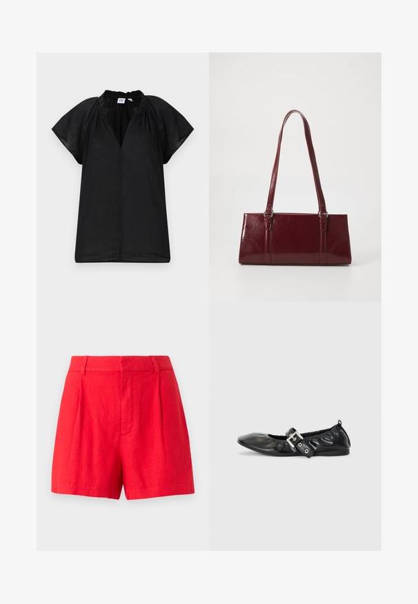 Sort bluse med korte ærmer, rynket halsudskæring og V-formet frontåbning, lavet af let, halvtransparent stof.; Røde linned shorts med et skræddersyet design, der har foldedetaljer, en glat tekstur og en mellemhøj talje.; Sorte læder flade sko med spids tå, samling detaljer omkring åbningen, og en sølv spænde accent på den justerbare rem.; Bordeaux håndtaske lavet af glansfuldt materiale, rektangulær form, med to skulderremme og subtile buede detaljer på forsiden.