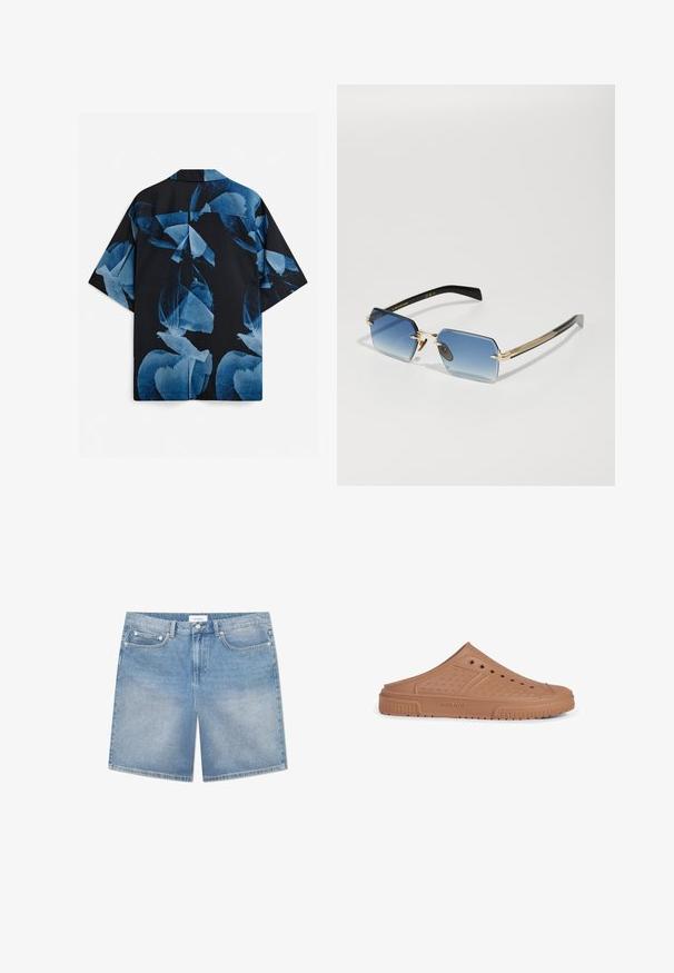 Camisa negra de manga corta con patrones florales abstractos en azul, con cuello clásico y corte holgado, vista desde atrás.; Pantalones cortos de mezclilla azul claro con un corte recto, cinco bolsillos, un ligero desgastado y una etiqueta de marca en la cinturilla. Material de algodón con costuras clásicas.; Zapato de goma marrón sin cordones con orificios de ventilación y suela texturizada, diseñado para uso informal y fácil limpieza.; Eyewear by David Beckham Gafas de sol - gold-coloured/black_