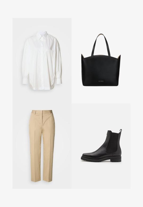 Weißes Langarm-Hemd mit Knöpfen aus Baumwolle, ausgestattet mit einer Tasche auf der linken Brust, entspannter Passform und abgerundetem Saum.; Beige Straight-Leg-Hose mit Gürtelschlaufen, Vorderfalz und verdecktem Verschluss, präsentiert vor hellem Hintergrund.; Schwarze Lederstiefelette mit elastischen Seitenpanelen, einem niedrigen, gestapelten Absatz und einer Zugschlaufe an der Rückseite. Glatte Textur und elegantes Design.; Schwarze Leder-Shopper-Tasche mit strukturiertem Design, zwei oberen Tragegriffen und einem silbernen Logo-Anhänger. Glatte Textur und minimalistisches Design.