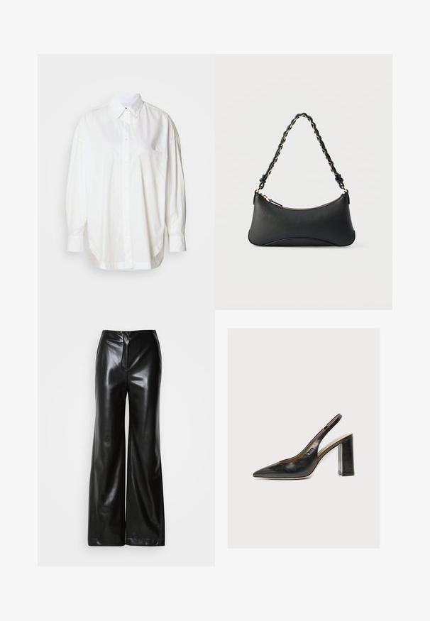 Camisa blanca de manga larga y botón, hecha de algodón, que cuenta con un bolsillo en el lado izquierdo del pecho y un corte relajado con dobladillo curvado.; Pantalones de piel negros de pierna ancha con textura suave, cintura alta y cierre frontal oculto. Ajuste entallado con un acabado limpio.; Zapato de mujer slingback de piel negra con puntera puntiaguda y tacón alto grueso de bloque sobre fondo blanco.; Bolso de hombro de cuero negro con forma rectangular curvada, cadena dorada entrelazada en una correa negra trenzada y cierre superior con cremallera.