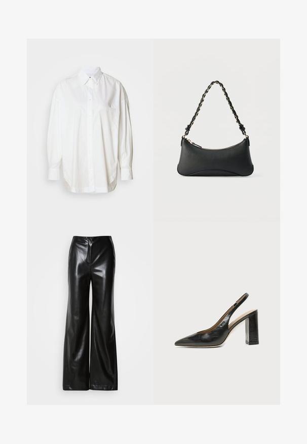 Camisa blanca de manga larga y botón, hecha de algodón, que cuenta con un bolsillo en el lado izquierdo del pecho y un corte relajado con dobladillo curvado.; Pantalones de piel negros de pierna ancha con textura suave, cintura alta y cierre frontal oculto. Ajuste entallado con un acabado limpio.; Zapato slingback negro de cuero con punta afilada, tacón cuadrado y un pequeño logo en el lateral, sobre un fondo blanco liso.; Bolso de hombro de cuero negro con forma rectangular curvada, cadena dorada entrelazada en una correa negra trenzada y cierre superior con cremallera.