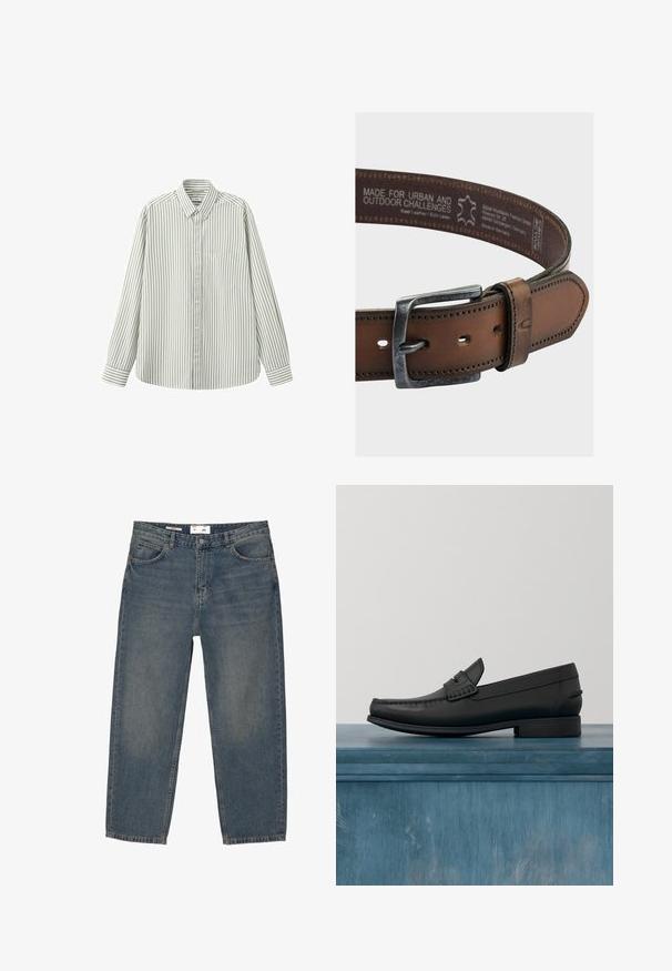 Langærmet skjorte med knapper, med lodrette hvide og lysegrå striber, en krave og en venstre brystlomme, lagt fladt ud på en hvid baggrund.; Blå denimjeans med en løs pasform, der har et klassisk fem-lomme design og minimal falming. Inkluderer en knaplukning og bæltestropper.; Sorte læderloafers med rund tå, detaljeret syning og en lav, firkantet hæl. Glat tekstur og minimalistisk design.; Brun læderbælte med en slidt sølvmetalknap, synlig syning og flere justeringshuller. Tekst på indersiden.