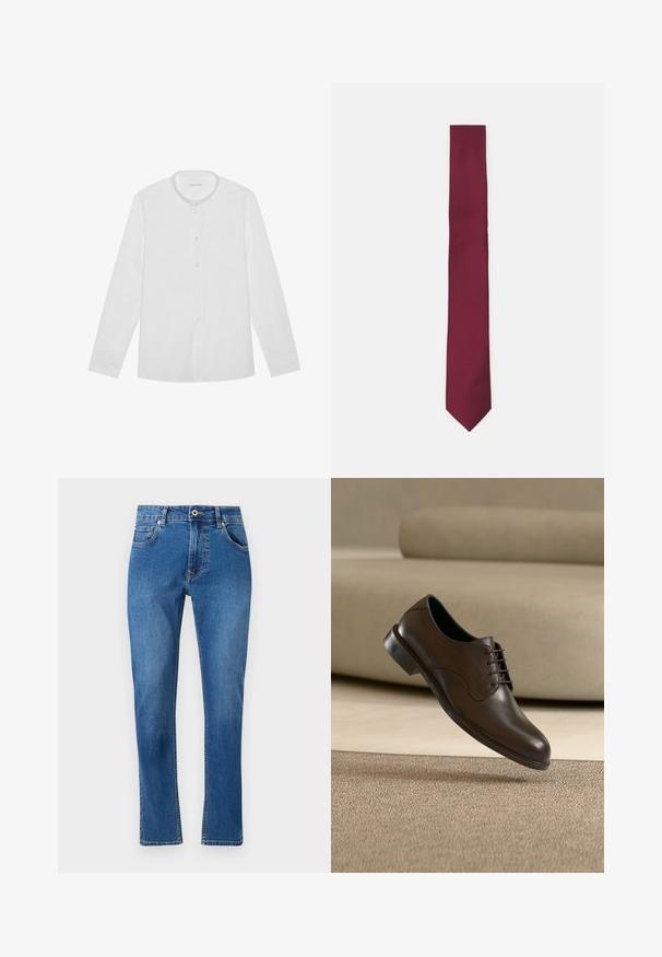 Camisa blanca de manga larga con cuello mao y un bolsillo en el pecho, dispuesta sobre un fondo liso.; Jeans de mezclilla azul con diseño de pierna recta, cinco bolsillos y detalles de costura visibles. El material muestra un ligero desvanecimiento. Estilo clásico.; Zapato de vestir marrón de cuero con cordones flotando sobre una alfombra beige con un sofá de color crema claro al fondo.; Corbata burdeos con un patrón diagonal texturizado. Forma delgada y punta afilada. Acabado de tejido suave. Carece de hardware o acentos visibles.
