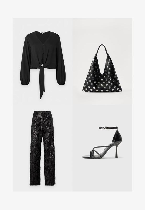 Blusa negra de manga larga con escote en V, botones delanteros, puños elásticos y detalle de lazo en la parte inferior.; Pantalones de pierna ancha negros con lentejuelas, con una superficie texturada, que presentan rayas verticales y un ajuste relajado, ofreciendo una apariencia brillante.; Sándalo de charol negro con tacón alto y correa en el tobillo, que presenta tiras entrelazadas y una puntera afilada y elegante.; Bolso de cuero negro con forma triangular, adornado con puntos metálicos plateados y un asa texturizada. Acabado suave en general.