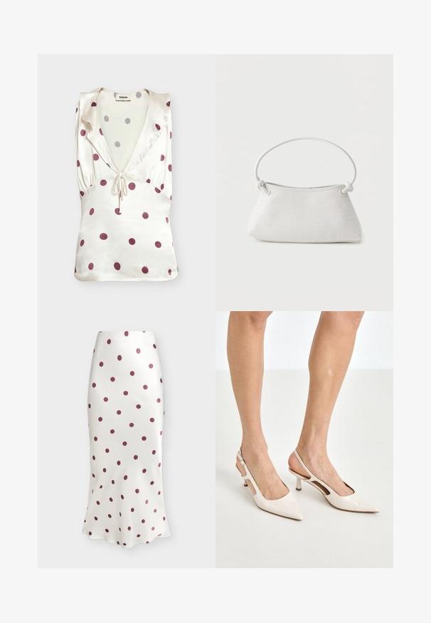 Top en satin crème sans manches avec des pois mauves, col en V profond, détail volanté aux épaules, et fermeture à nouer devant.; Jupe midi blanche à pois bordeaux, cintrée en haut et légèrement évasée à l'ourlet.; Escarpins à talon slingback en cuir verni beige avec un bout pointu et un talon de 5 cm, présentant des côtés découpés et une fine bride à la cheville.; Sac à main en cuir tressé blanc avec poignée arrondie et extrémités de lanière nouées, présenté sur un fond uni.