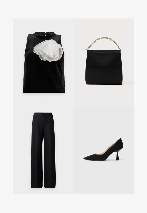 Haut sans manches noir en tissu lisse, orné d'une grande fleur en tulle blanc sur le côté gauche et d'un col montant avec fermeture zip.; Pantalons noirs à jambe large avec une texture lisse et mate. Ceinture plate sans matériel ni motifs visibles. Design simple et élégant.; Pompe à talons hauts en suède noir avec un bout pointu, dotée d'un talon bloc noir brillant et d'une doublure intérieure lisse.; Sac noir en tissu lisse, présentant une forme structurée, une poignée en chaîne dorée et un design géométrique minimaliste.