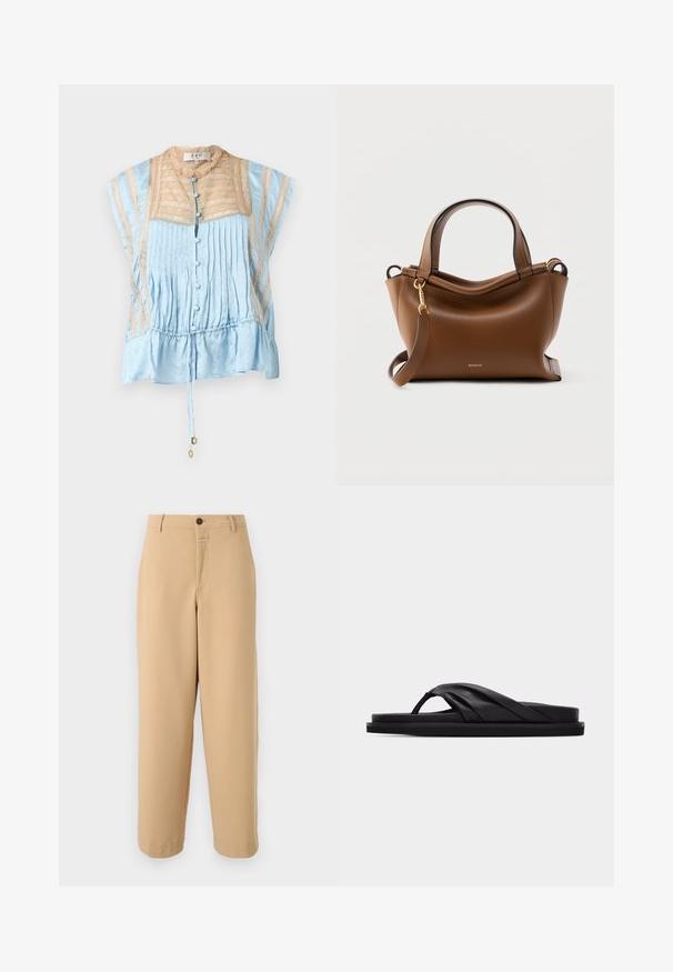 Lyseblå bluse med korte ærmer og beige blonde detaljer, knapper dækket med stof foran, plisseringer og en snor i kanten med guld accenter.; CLOSED WRENNA - Bukser - urban beige; Sort flad sandal med polstret krydsrem og tåstolpe, minimalistisk design på ensfarvet lysegrå baggrund.; Brun læderhåndtaske med to håndtag og en aftagelig skulderrem, med guldfarvet hardware og lille "Wandler" logo på forsiden.