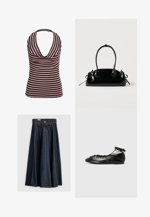 Haut sans manches col licou avec des rayures horizontales roses et noires et un col drapé.; Levi's® XL SKIRT - Jupe en jean - square circle; Ballerines en cuir verni noir avec un bout rond, un design à lacets et une semelle plate. Texture lisse avec peu de détails.; Petit sac à main noir brillant avec deux longues anses et des détails à cordon sur les côtés sur un fond clair uni.