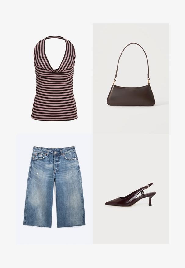 Haut sans manches col licou avec des rayures horizontales roses et noires et un col drapé.; Short en denim bleu longueur genou avec légère usure, poches avant, passants de ceinture et fermeture par bouton.; Escarpin femme à bride arrière en cuir brun foncé, bout pointu, petit talon kitten et bride ajustable avec boucle dorée, présenté sur fond blanc.; Sac à main en cuir marron foncé avec une fermeture éclair incurvée en haut et une fine bandoulière avec des fermoirs dorés sur un fond uni.