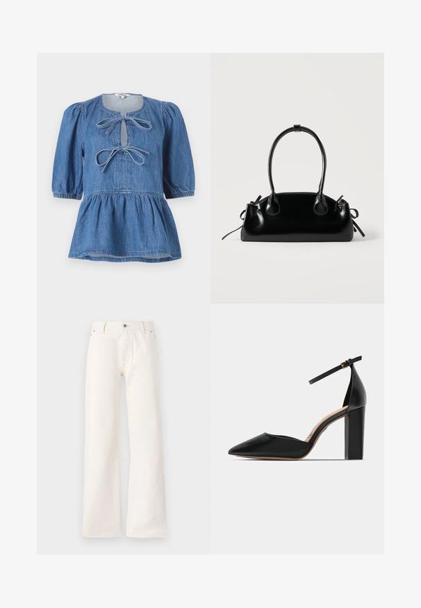 Denim top med korte pufærmer, rund halsudskæring med en nøglehulsåbning, der lukkes med to sløjfer, og en udvidet kant.; Hvide vide jeans lavet af denim, med en frontknaplukning, fem lommer og en glat overflade uden synlige mønstre.; Sorte læder højhælede sko med ankelrem, spids tå og firkantet chunky hæl. Glat tekstur med et minimalistisk design.; Lille sort blank håndtaske med to lange håndtag og snøre-detaljer i siden på en ensfarvet lys baggrund.