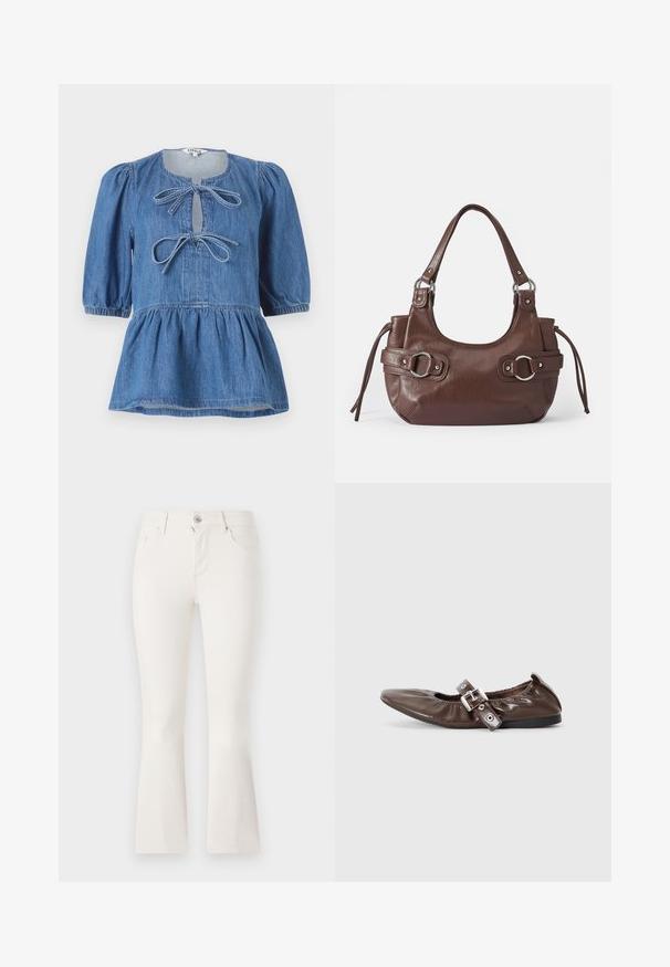 Haut en denim avec manches courtes bouffantes, encolure ronde avec une ouverture en forme de goutte d'eau fermée par deux nœuds, et un ourlet évasé.; Jean blanc évasé en denim avec une taille ajustée, cinq poches et une fermeture éclair à l'avant. Texture lisse et design épuré.; Chaussure plate en cuir verni marron avec un bout pointu, un détail de nœud élastiqué et une accent en boucle en argent sur le côté. Semelle en caoutchouc noir.; Sac à main en cuir marron de forme arrondie, avec quincaillerie argentée, deux anses latérales et une texture lisse. Dispose d'une seule poignée supérieure.