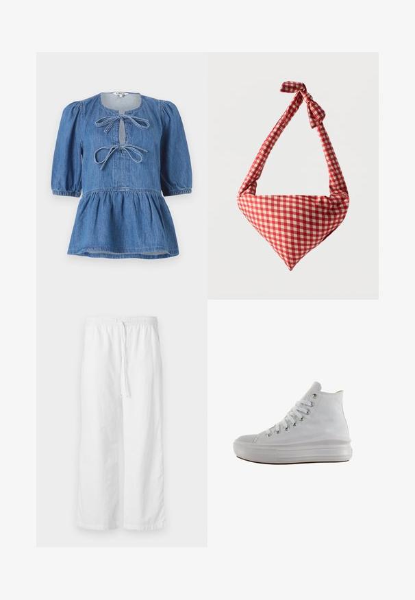 Top de mezclilla con mangas cortas abullonadas, escote redondo con abertura en forma de gota asegurada con dos lazos y dobladillo acampanado.; Pantalones anchos de textura blanca con cintura elástica y cordón ajustable. Diseño simple y minimalista, sin adornos.; Zapatilla de lona blanca de caña alta con cordones blancos, ojales metálicos, suela gruesa de goma y puntera texturizada, mirando hacia la izquierda sobre un fondo blanco.; Bolso de tela suave para el hombro con patrón de cuadros rojos y blancos, asa con nudo y forma triangular sobre un fondo liso.