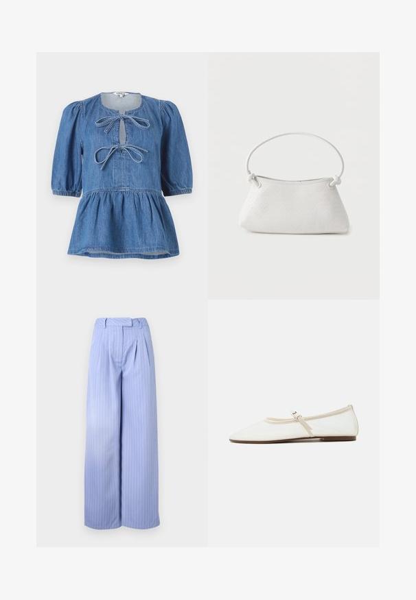 Haut en denim avec manches courtes bouffantes, encolure ronde avec une ouverture en forme de goutte d'eau fermée par deux nœuds, et un ourlet évasé.; Pantalons larges bleu clair avec un motif à rayures, devant plissé et taille haute. Fabriqués dans un tissu lisse avec une texture douce.; Chaussure plate Mary Jane blanche avec bout pointu, fine bride réglable avec boucle argentée, et semelle marron sur fond blanc.; Sac à main en cuir tressé blanc avec poignée arrondie et extrémités de lanière nouées, présenté sur un fond uni.